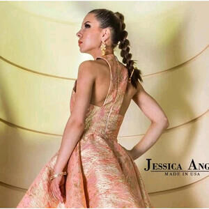 Jessica Angel IN PINK GOLD belted high-low brocade dress Size 10  NWT $475.00#C